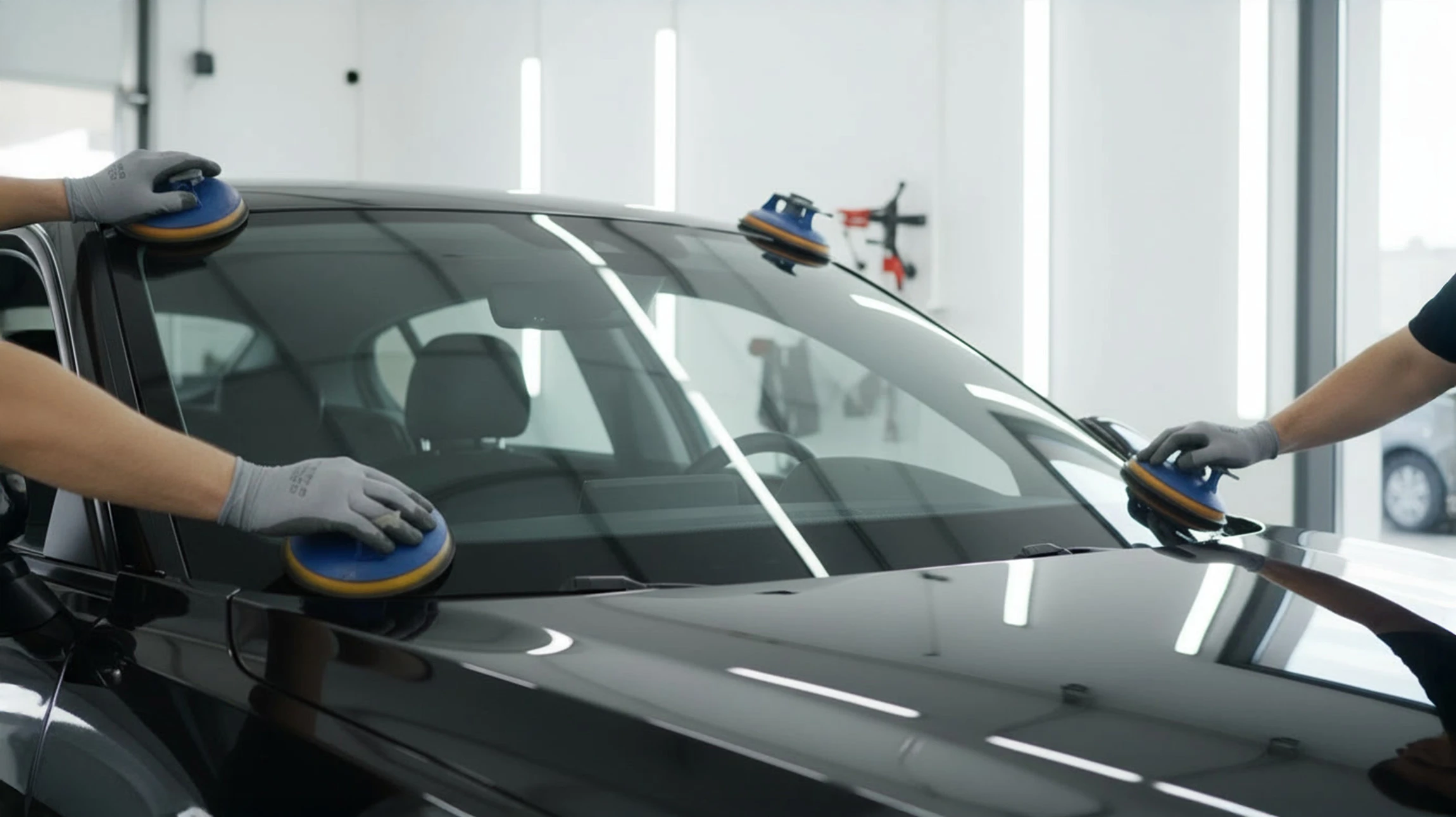 Atelier de réparation automobile avec véhicule noir en cours de traitement. Technicien effectuant une intervention sur le pare-brise.