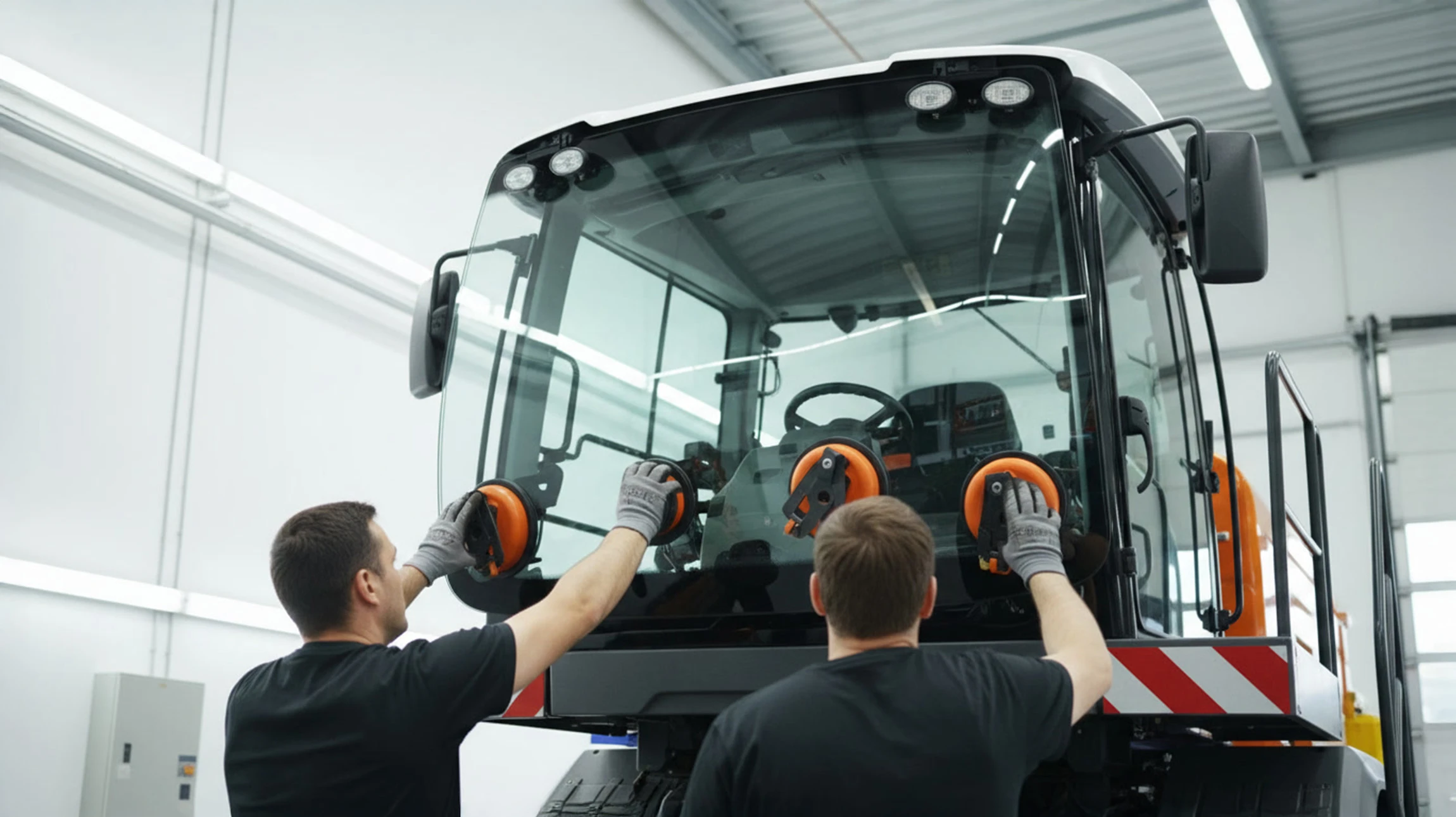 Atelier de réparation automobile avec véhicule noir en cours de traitement. Technicien effectuant une intervention sur le pare-brise.