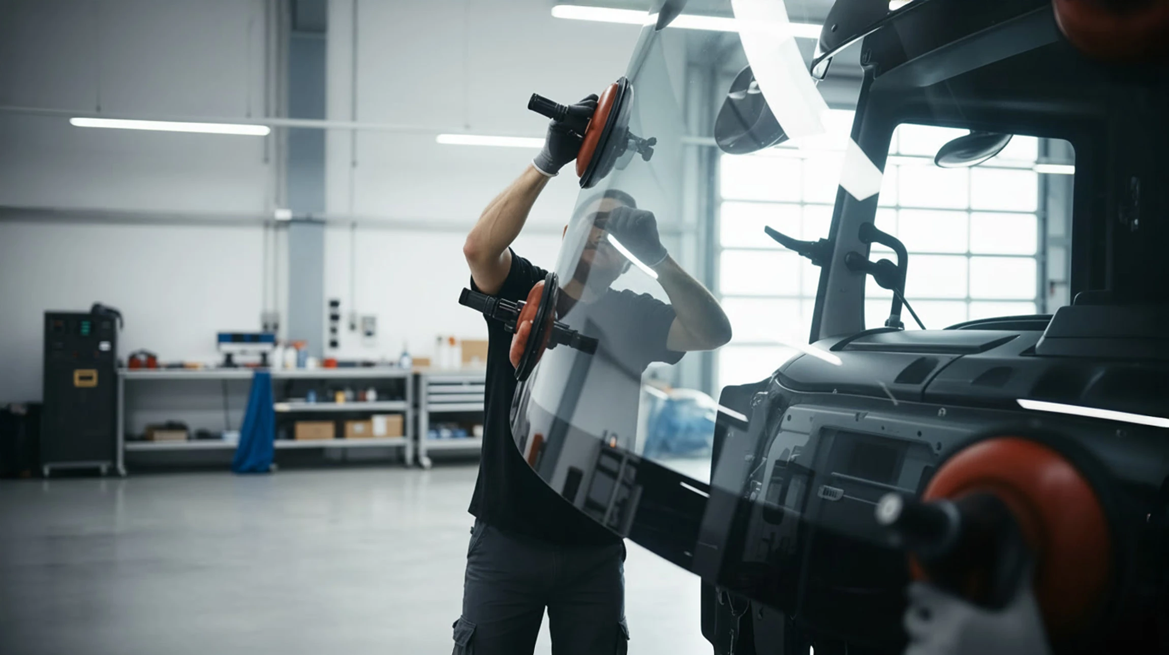 Atelier de réparation automobile avec véhicule noir en cours de traitement. Technicien effectuant une intervention sur le pare-brise.