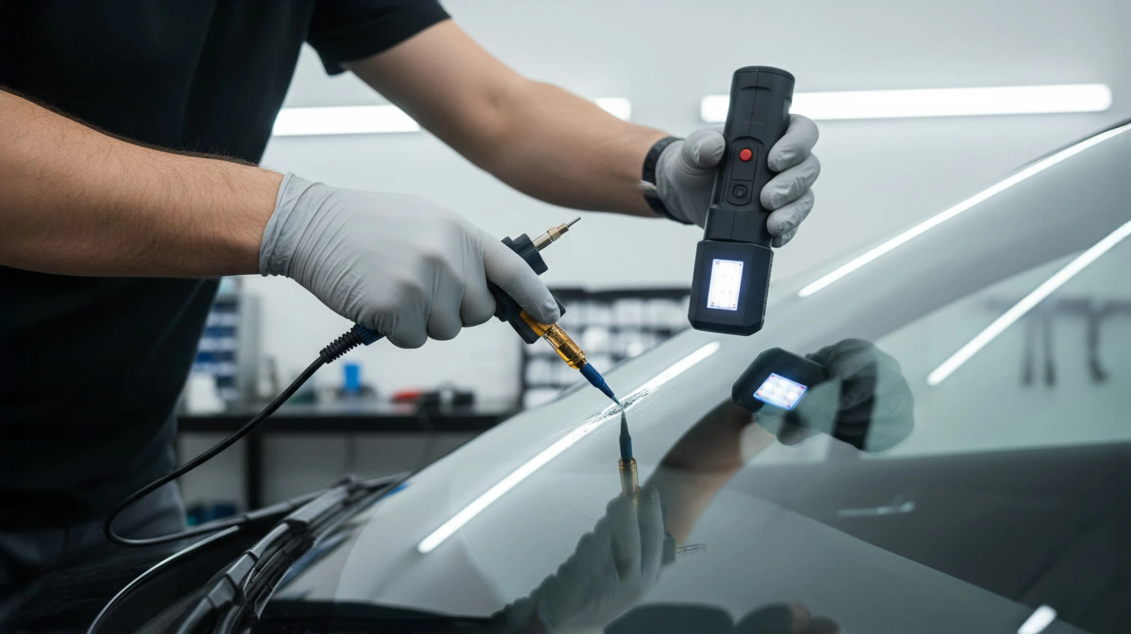 Atelier de réparation automobile avec véhicule noir en cours de traitement. Technicien effectuant une intervention sur le pare-brise.