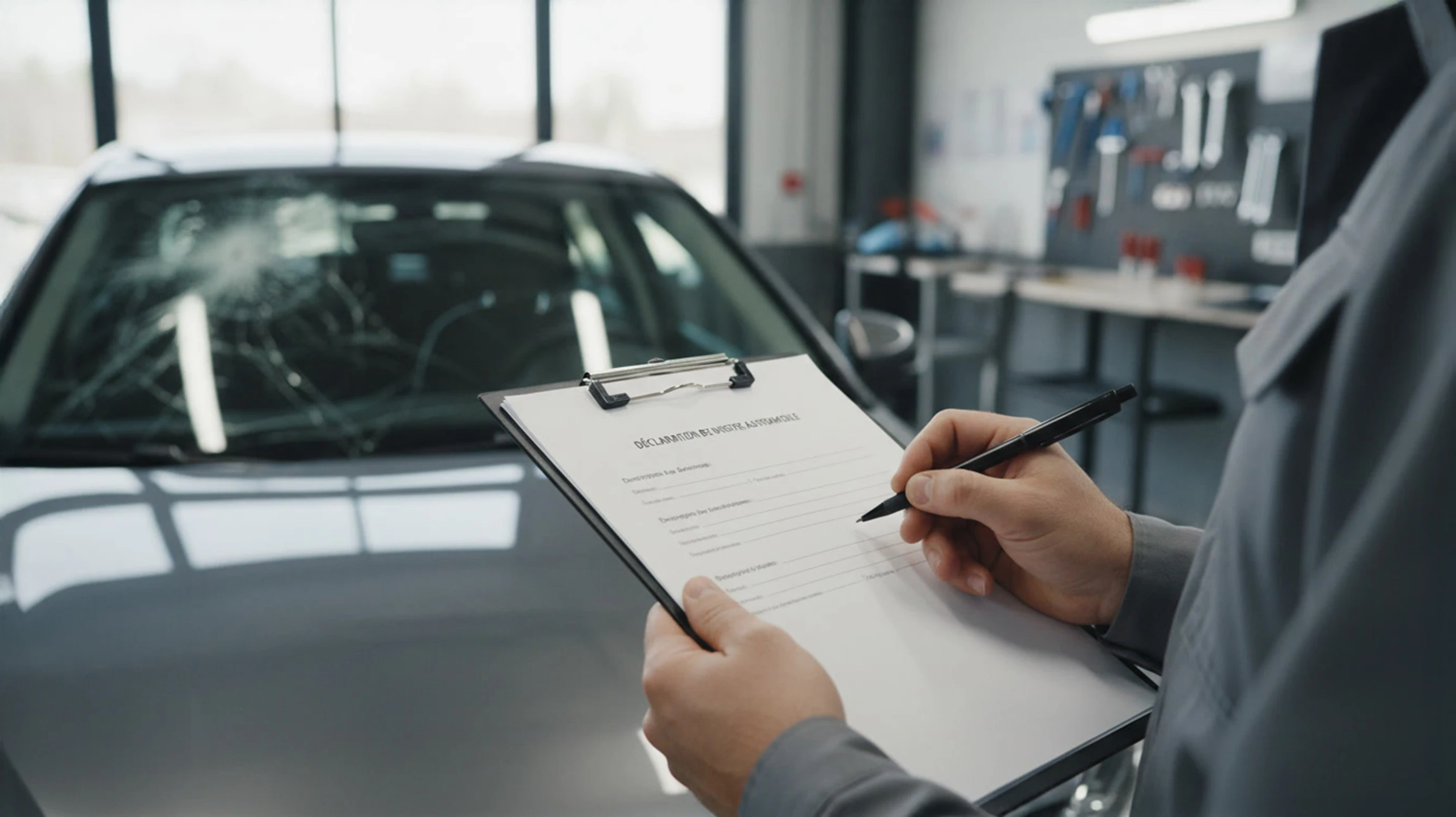 Homme d'affaires en costume sombre et cravate bleue consultant des documents sur presse-papiers, debout devant véhicule berline argentée dans environnement urbain extérieur.