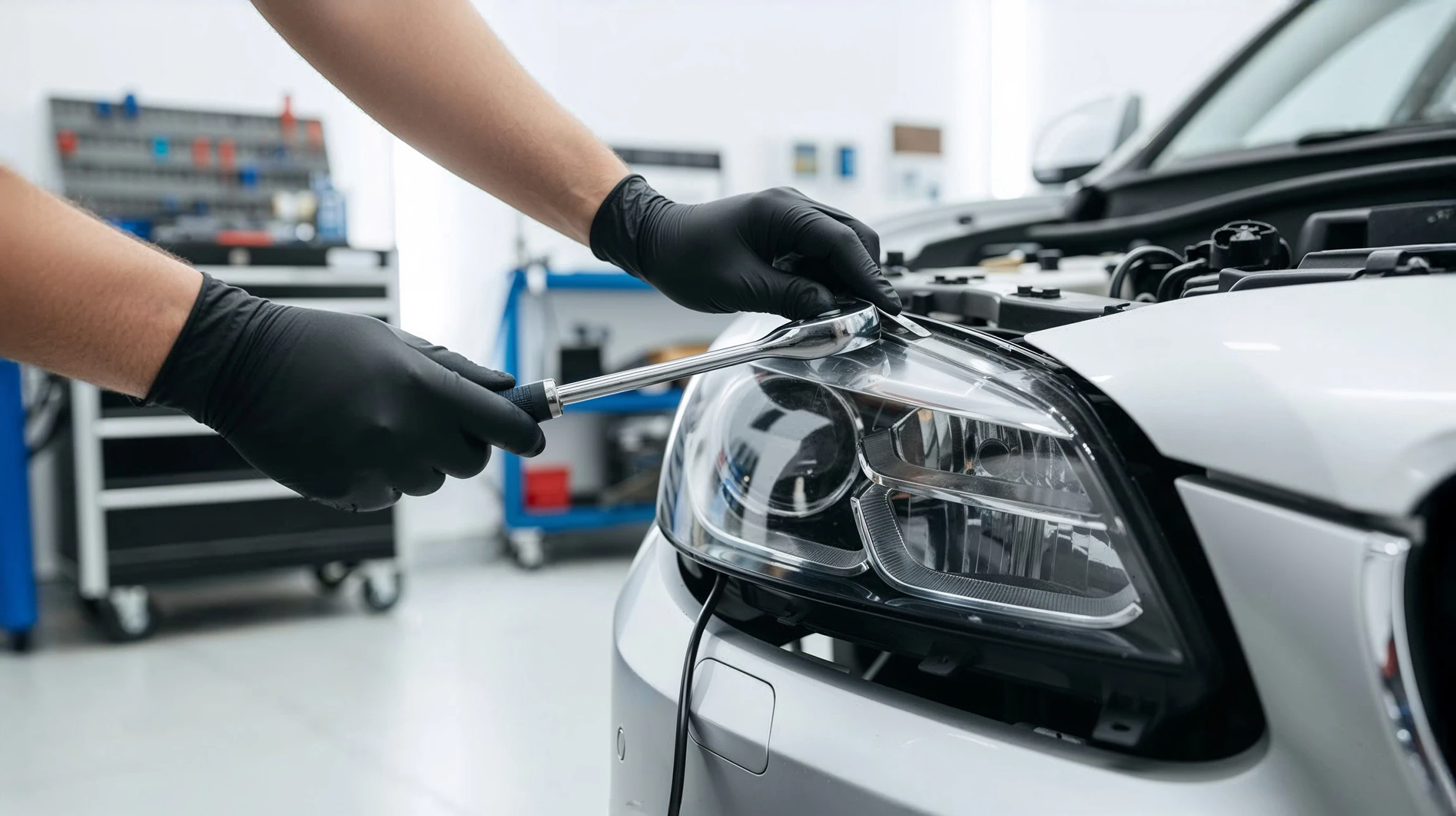 Atelier de réparation automobile avec véhicule noir en cours de traitement. Technicien effectuant une intervention sur le pare-brise.