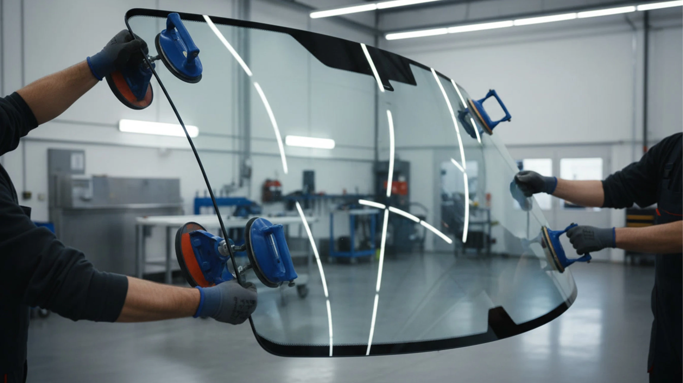 Atelier de réparation automobile intérieur avec technicien en combinaison grise et gants de protection bleus installant un pare-brise sur véhicule. Environnement professionnel avec éclairage industriel et équipements spécialisés.