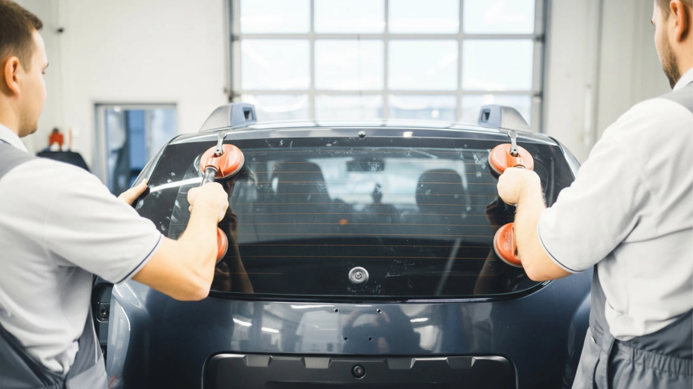 Atelier de réparation automobile intérieur avec technicien en combinaison grise et gants de protection bleus installant un pare-brise sur véhicule. Environnement professionnel avec éclairage industriel et équipements spécialisés.