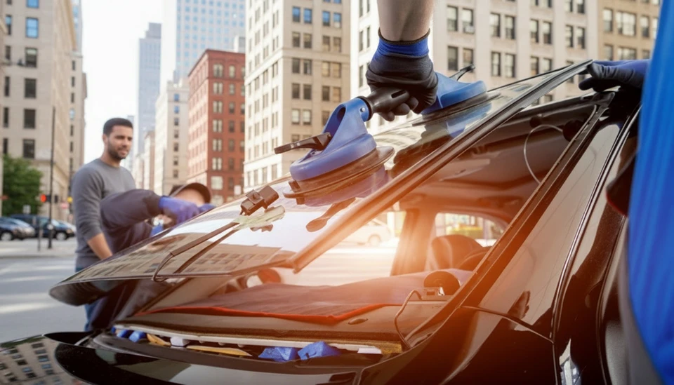 Technicien automobile installant un pare-brise sur véhicule noir dans garage professionnel. Ouvrier porte combinaison bleue et casquette, utilise ventouse de manutention. Atelier vitré moderne avec équipements spécialisés.