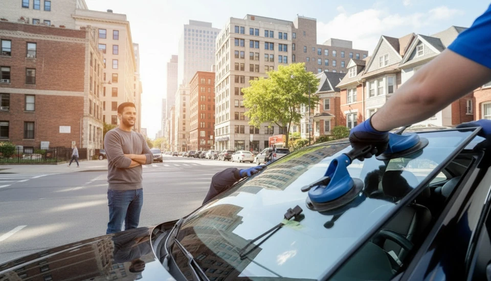 Extérieur jour, technicien en gants utilise ventouse à vide pour extraire pare-brise véhicule blanc. Intervention professionnelle remplacement vitrage automobile.